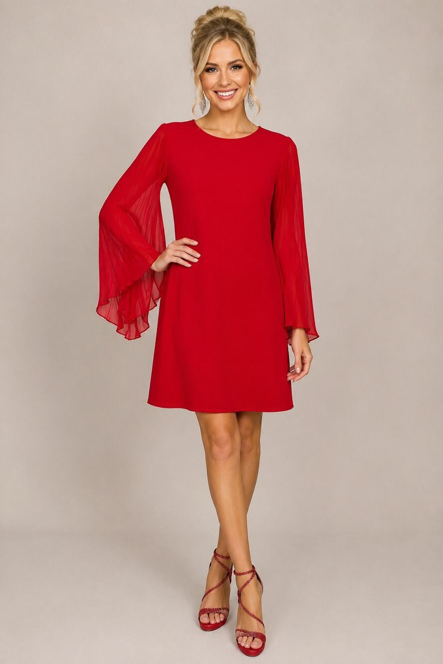 Marina Red Dress with Pleated Sleeves - Size 16